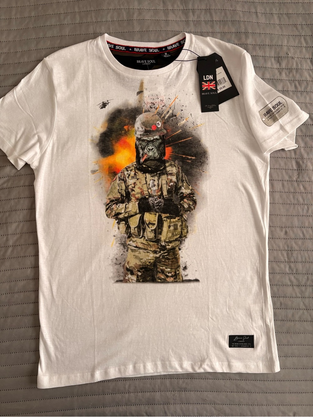 Brave Soul London White Graphic Military Soldier Tee with Orange Accent